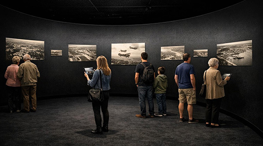 Ein dunkler Raum in dem mehrere Menschen vor sechs verschiedenen Bildern stehen und sie anschauen. 